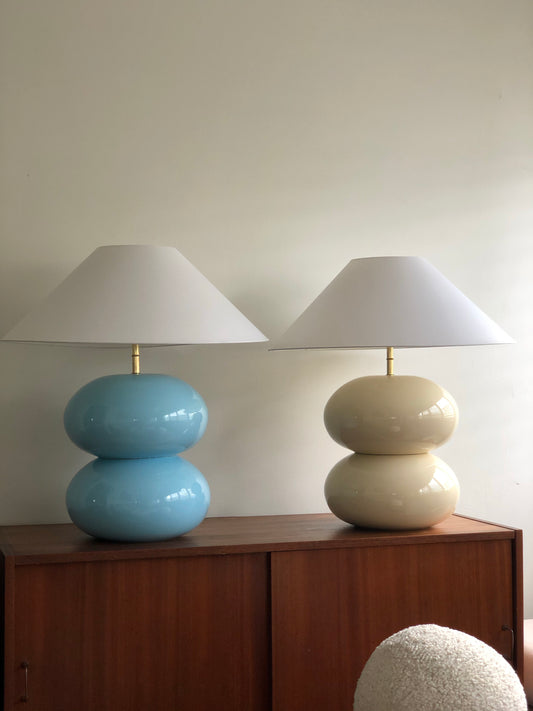 Powder Blue Double Bubble Lamp with White Conical Shade