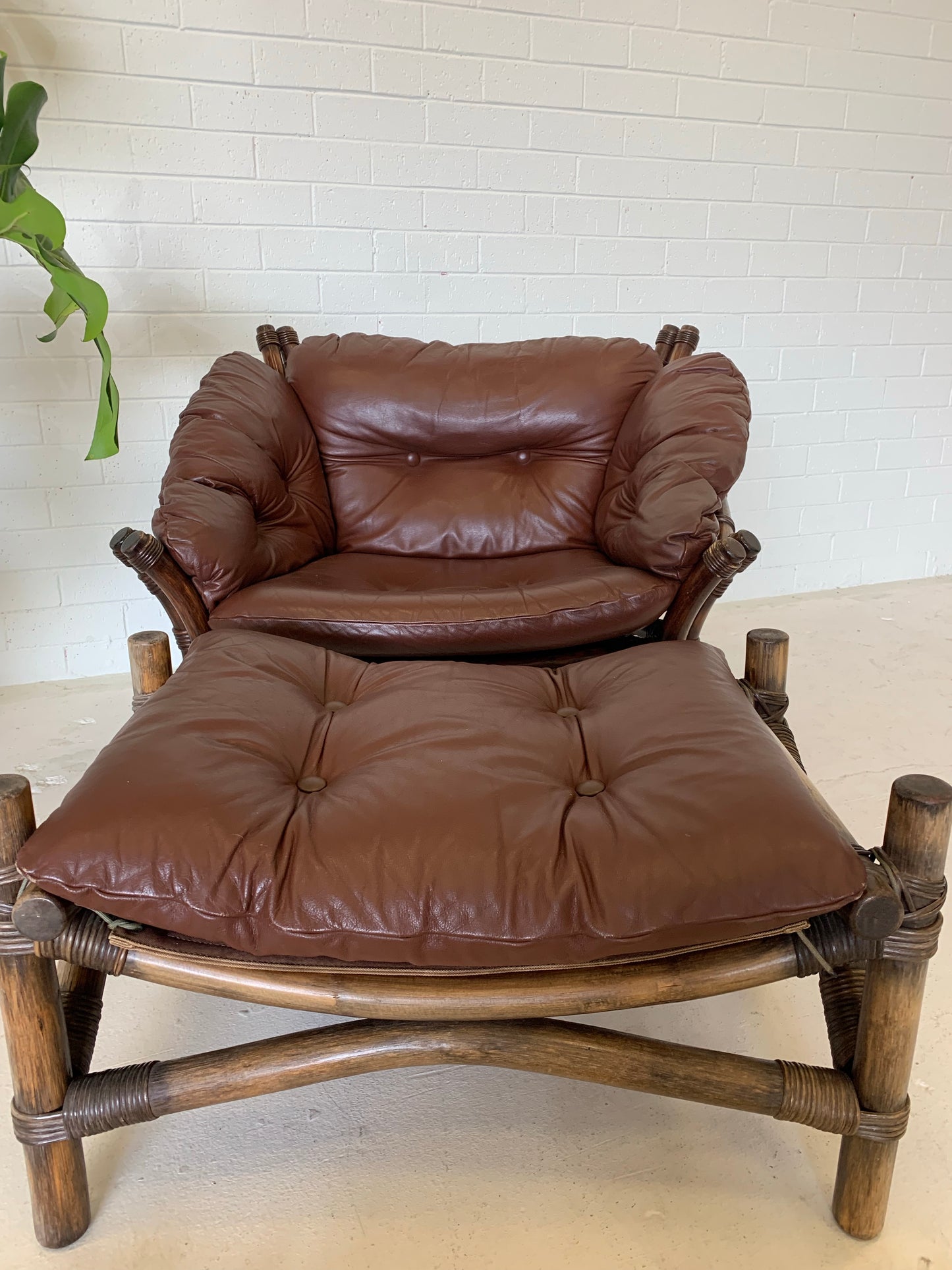 Vintage Cane and Leather Armchair + Ottoman