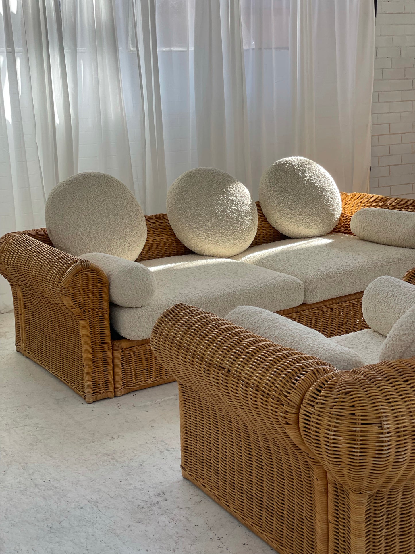 Vintage Cane and Boucle Lounge / Day Bed