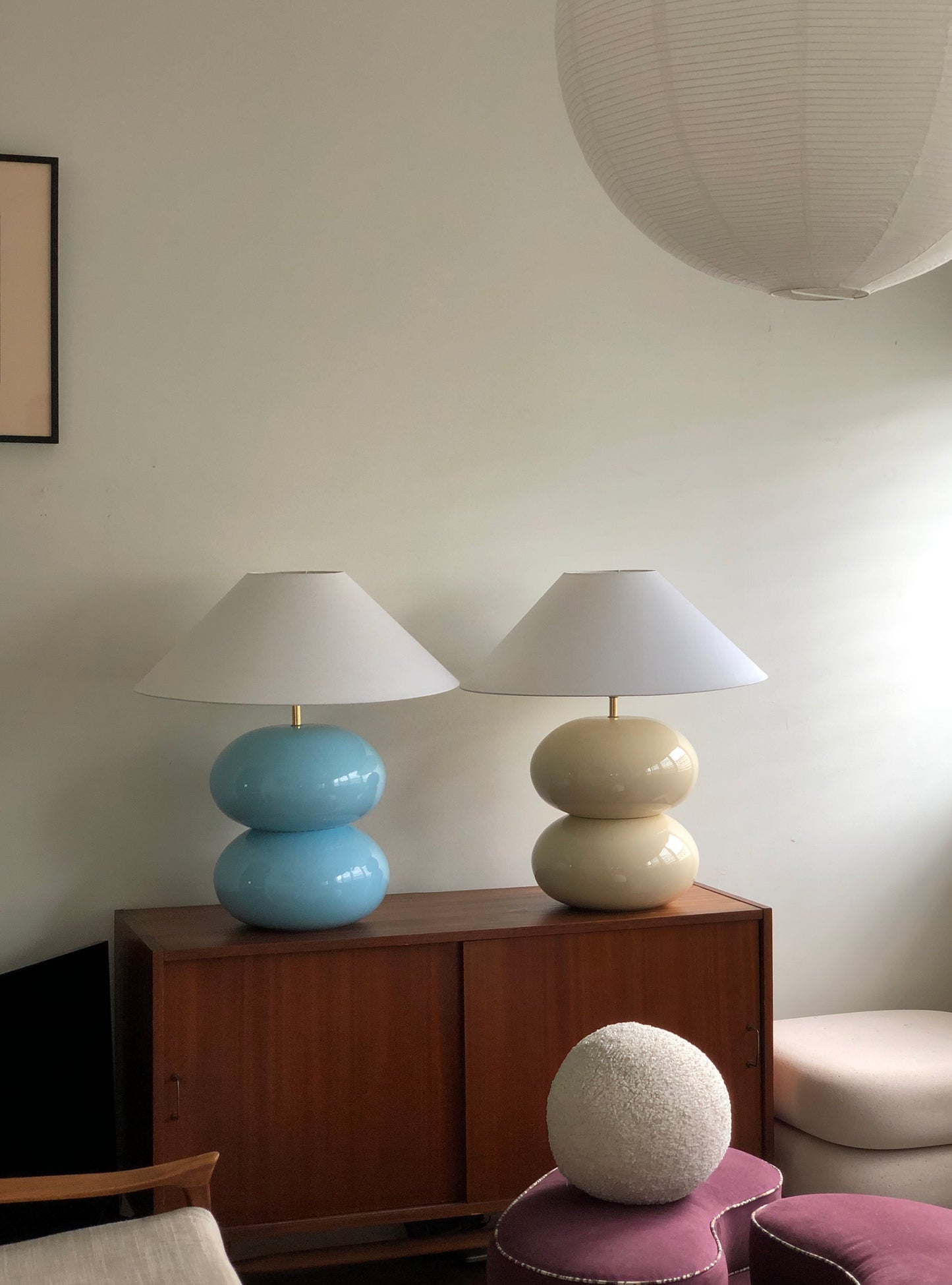 Powder Blue Double Bubble Lamp with White Conical Shade