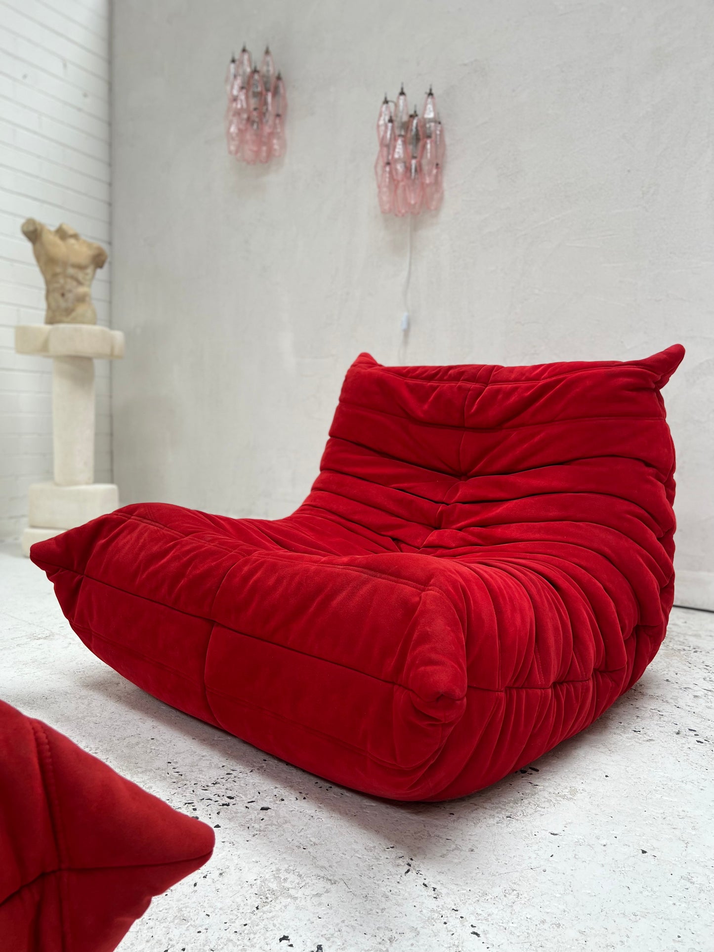 Vintage Ligne Roset Togo Fireside & Ottoman Set - Red Suede