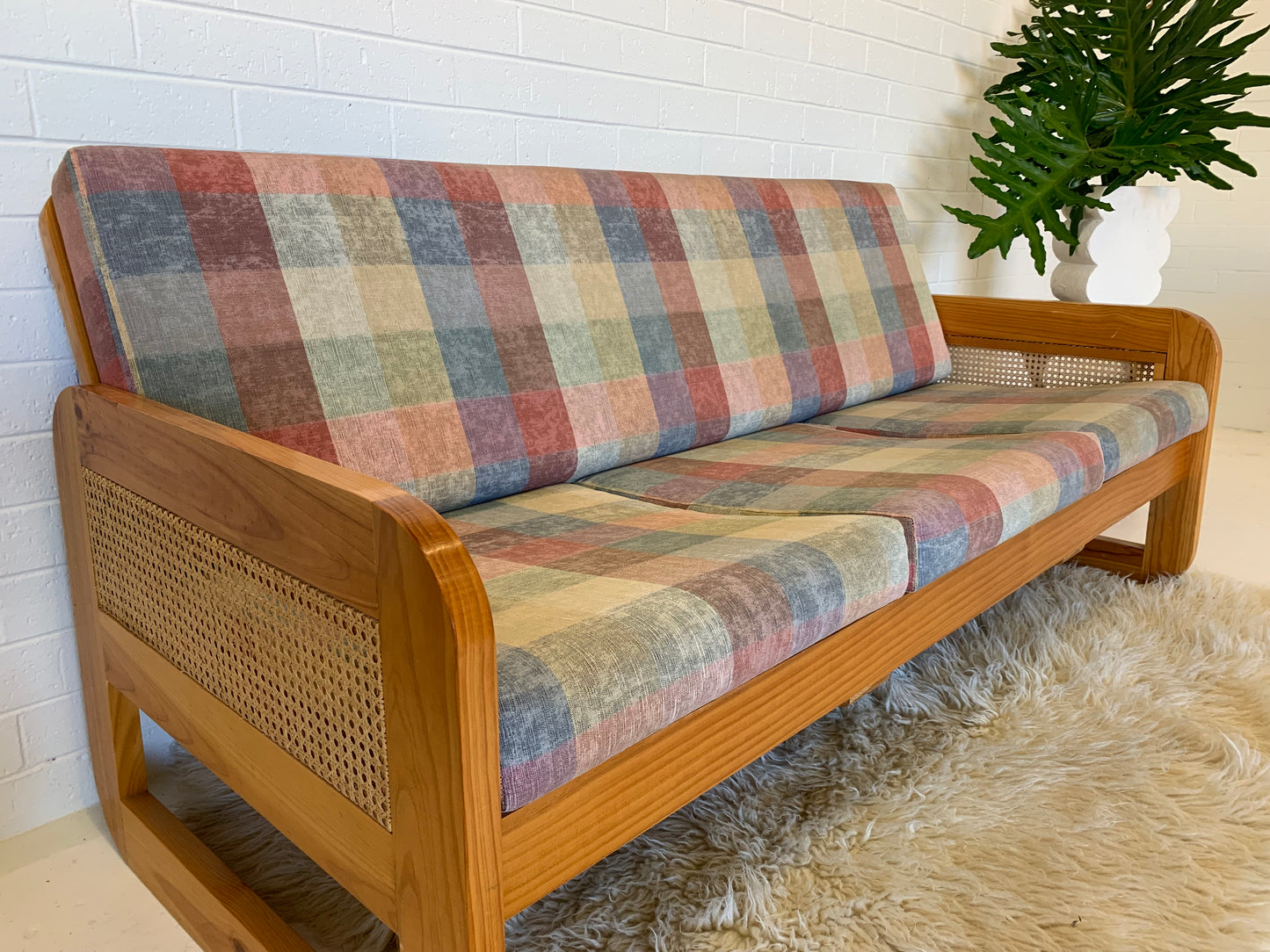 Vintage Pine and Rattan Sofa
