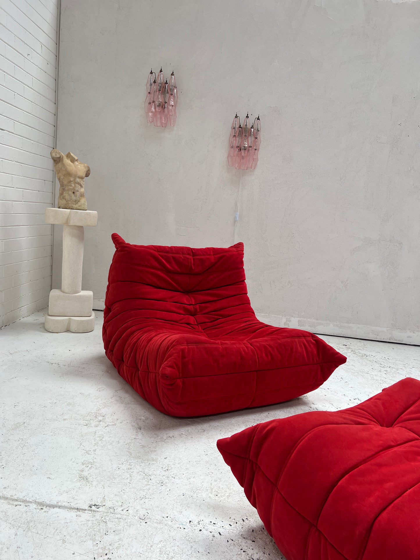 Vintage Ligne Roset Togo Fireside & Ottoman Set - Red Suede