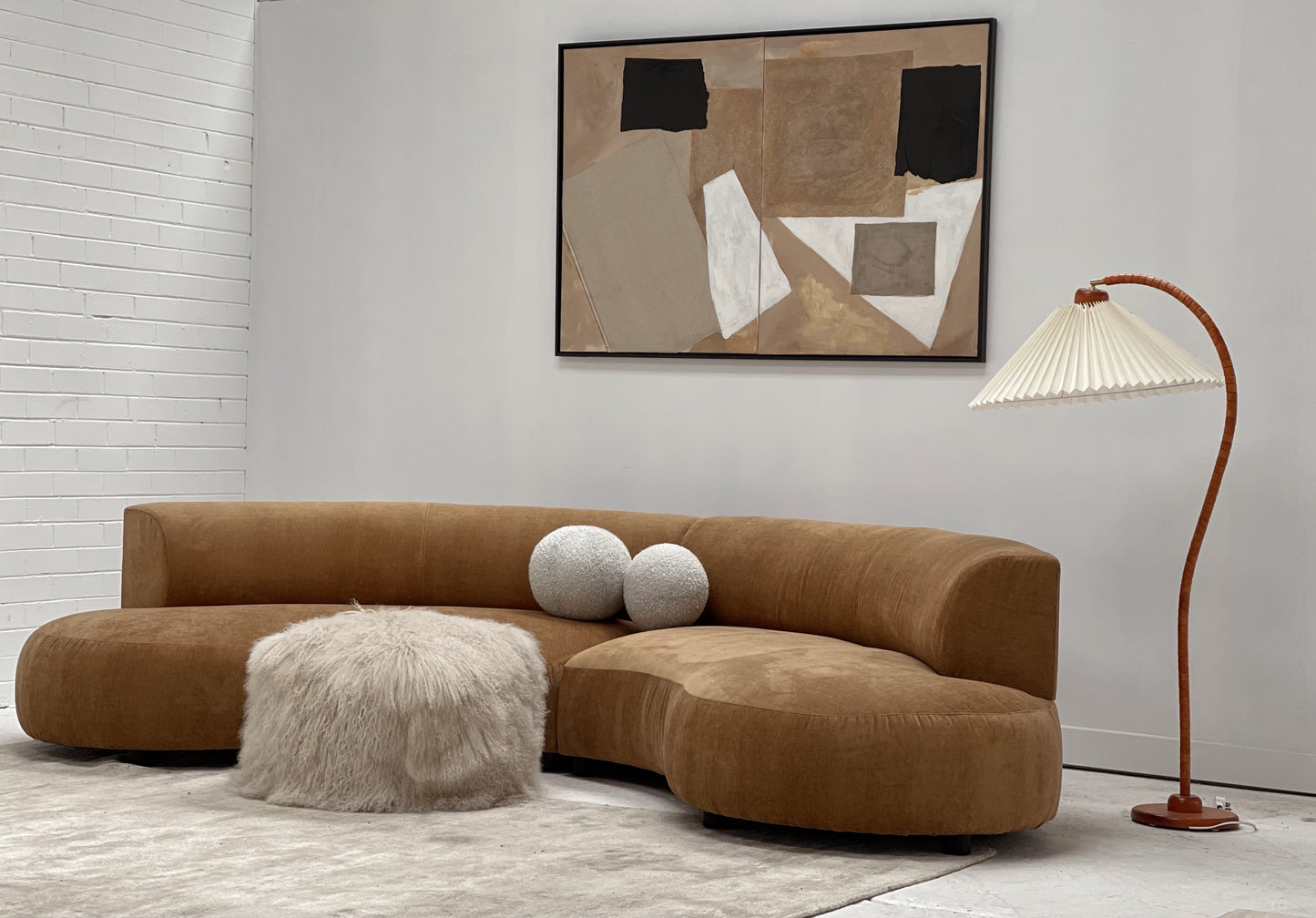 Curved Dark Caramel Chambray Velvet Sofa