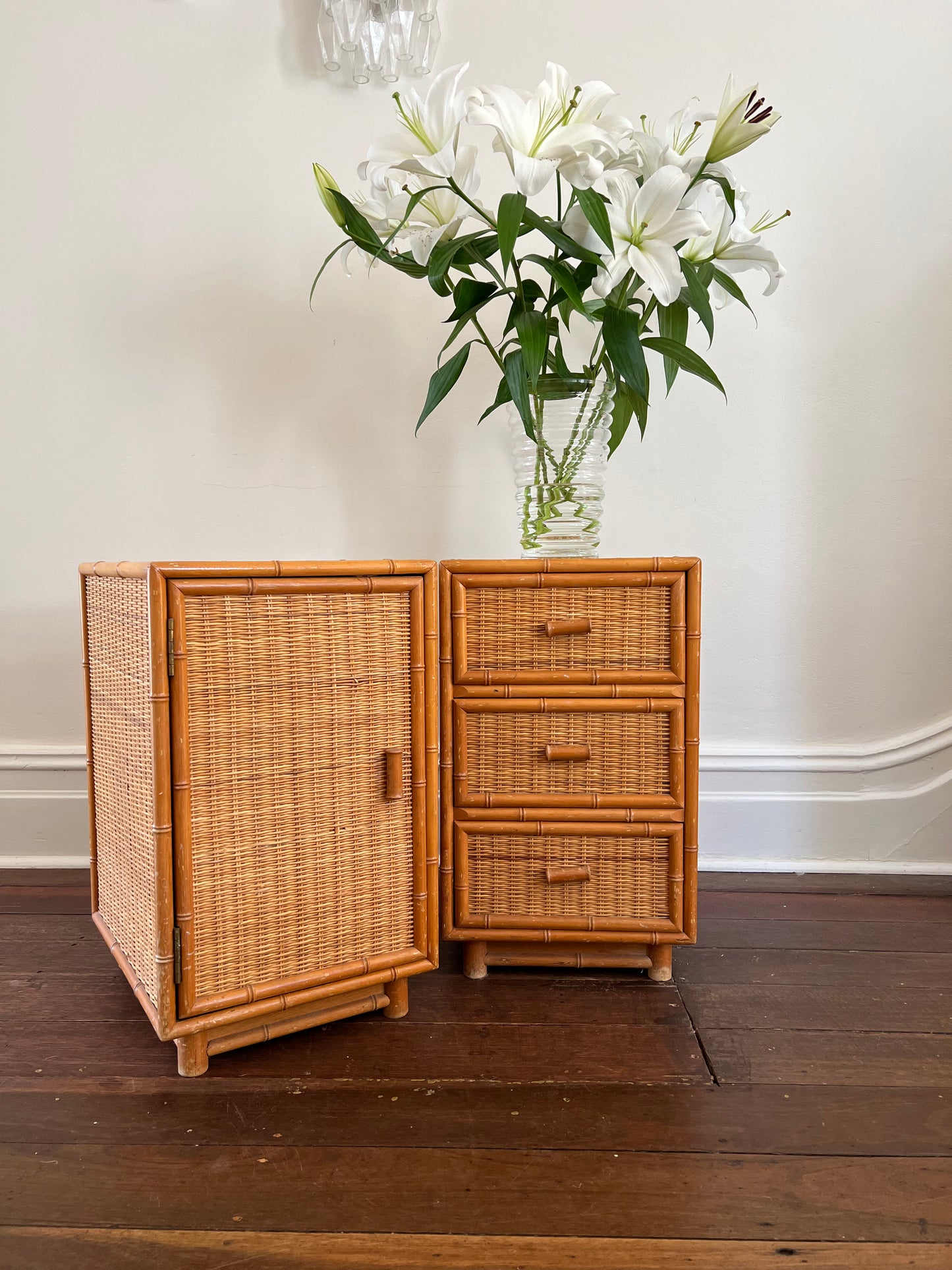 Vintage Bamboo Cane Side Tables - Set of Two