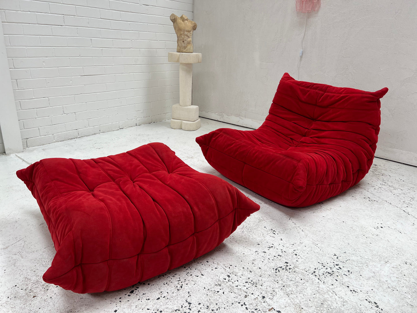 Vintage Ligne Roset Togo Fireside & Ottoman Set - Red Suede