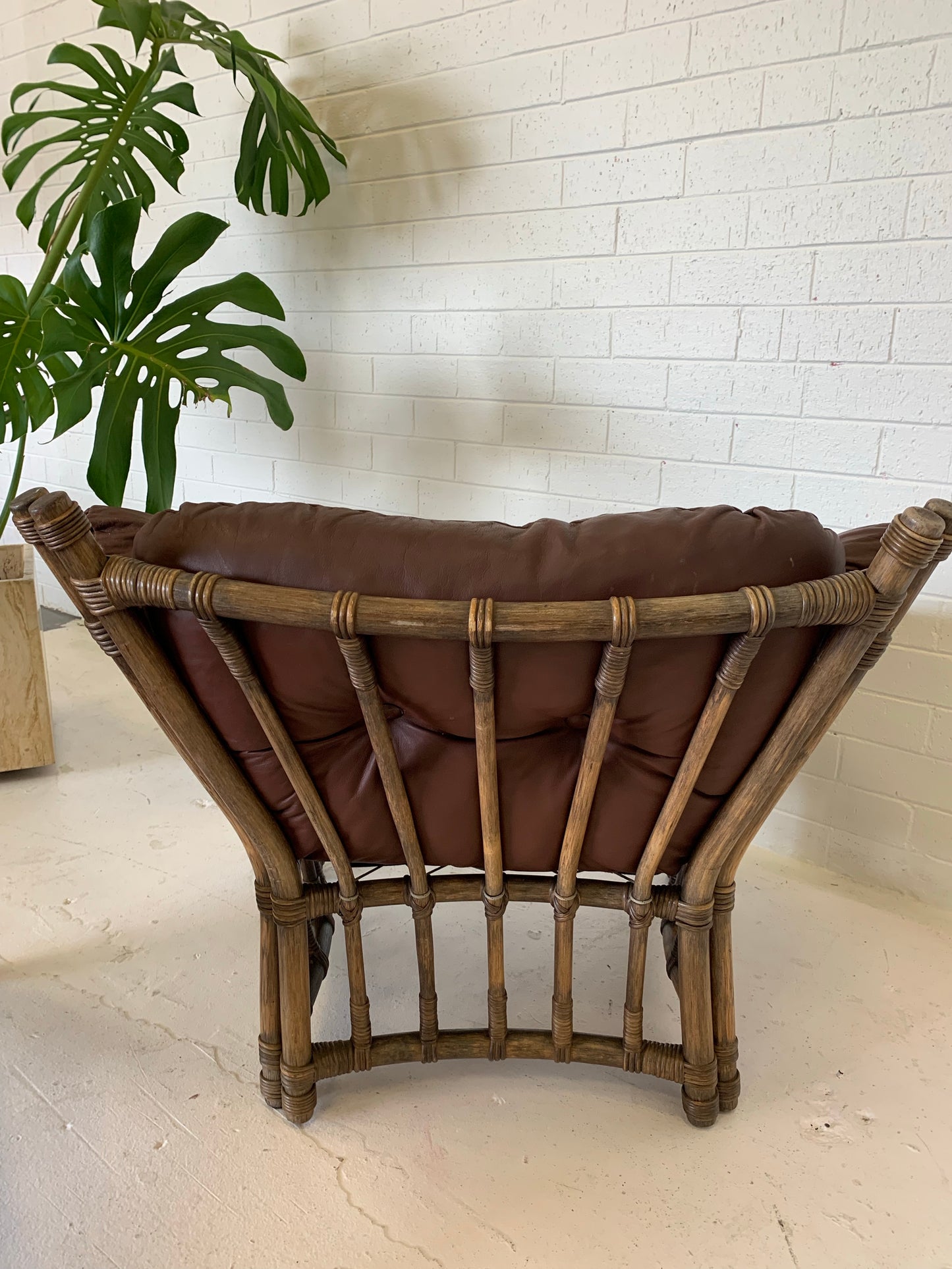 Vintage Cane and Leather Armchair + Ottoman