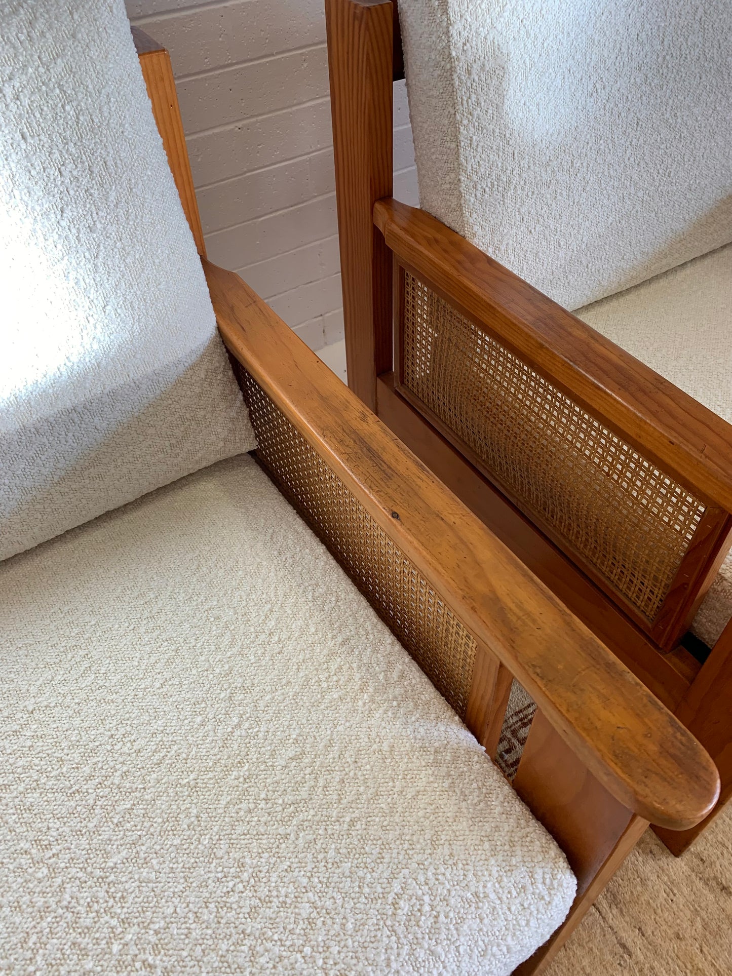 Pine and Rattan Boucle Armchair - Two Available