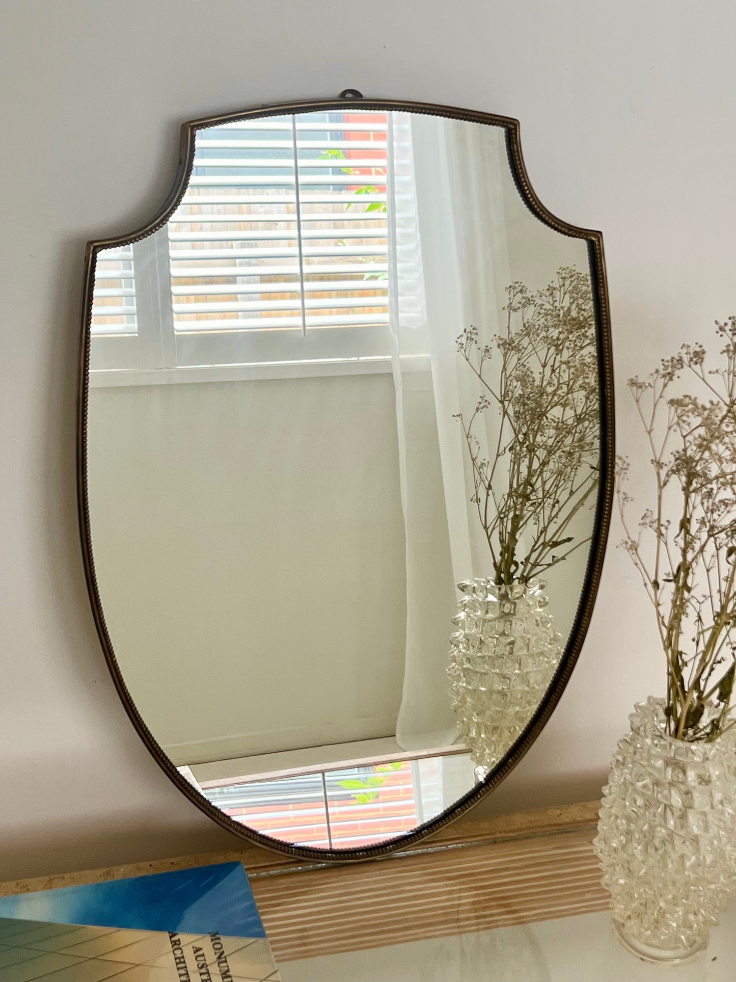 1950s Italian Brass Mirror - Beaded Shield