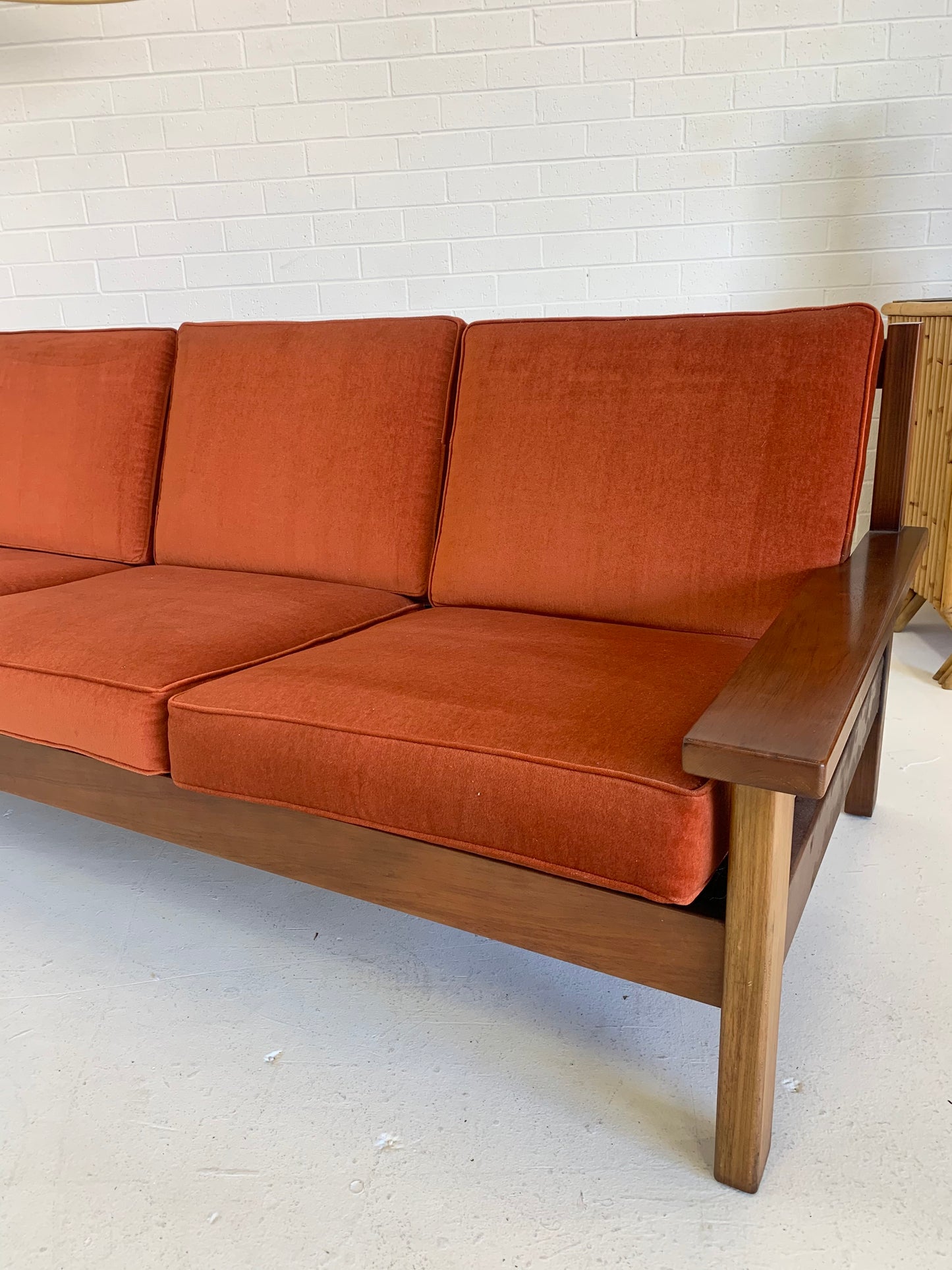 Mid Century Rust Velvet Plank Sofa
