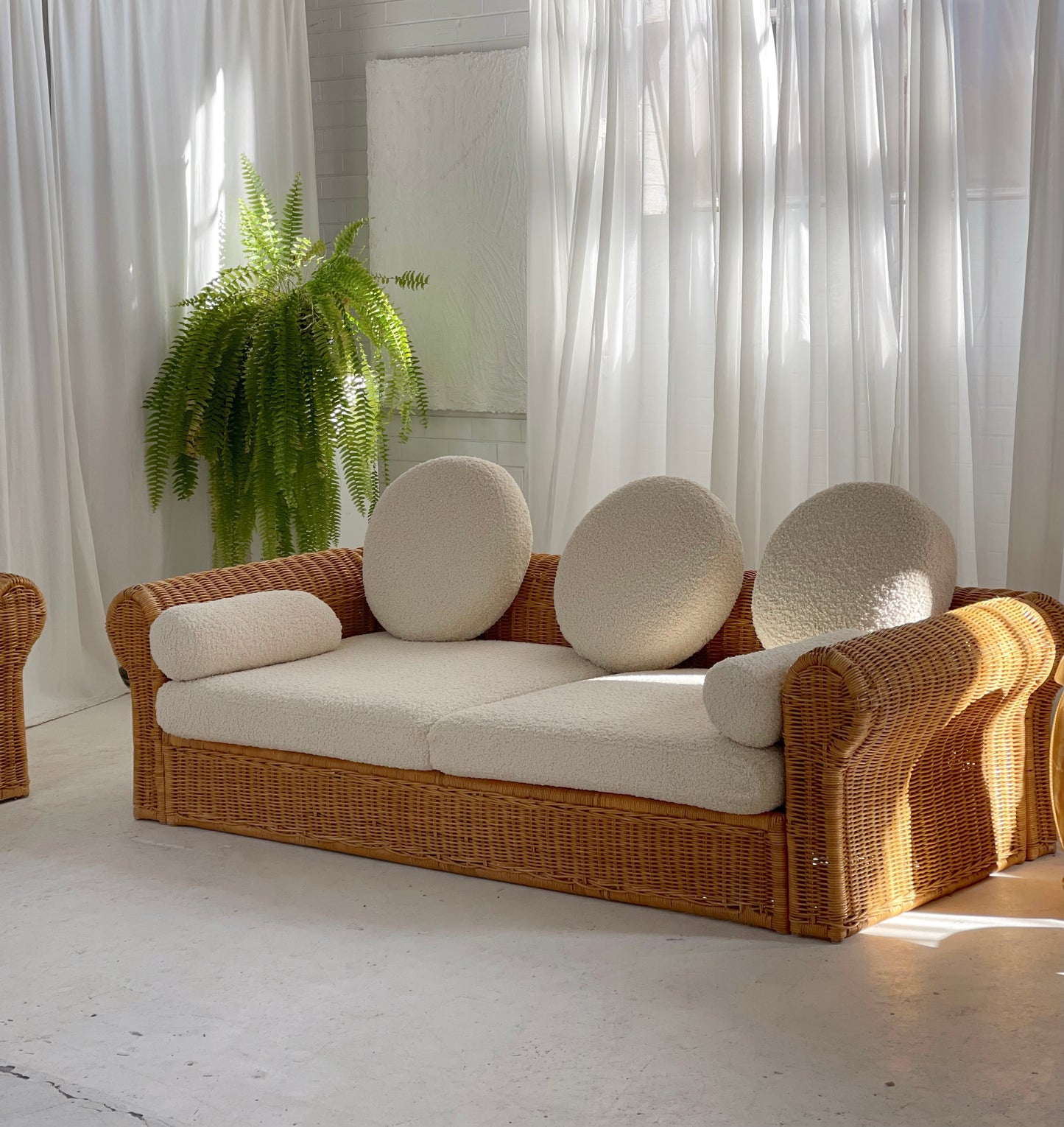 Vintage Cane and Boucle Lounge / Day Bed