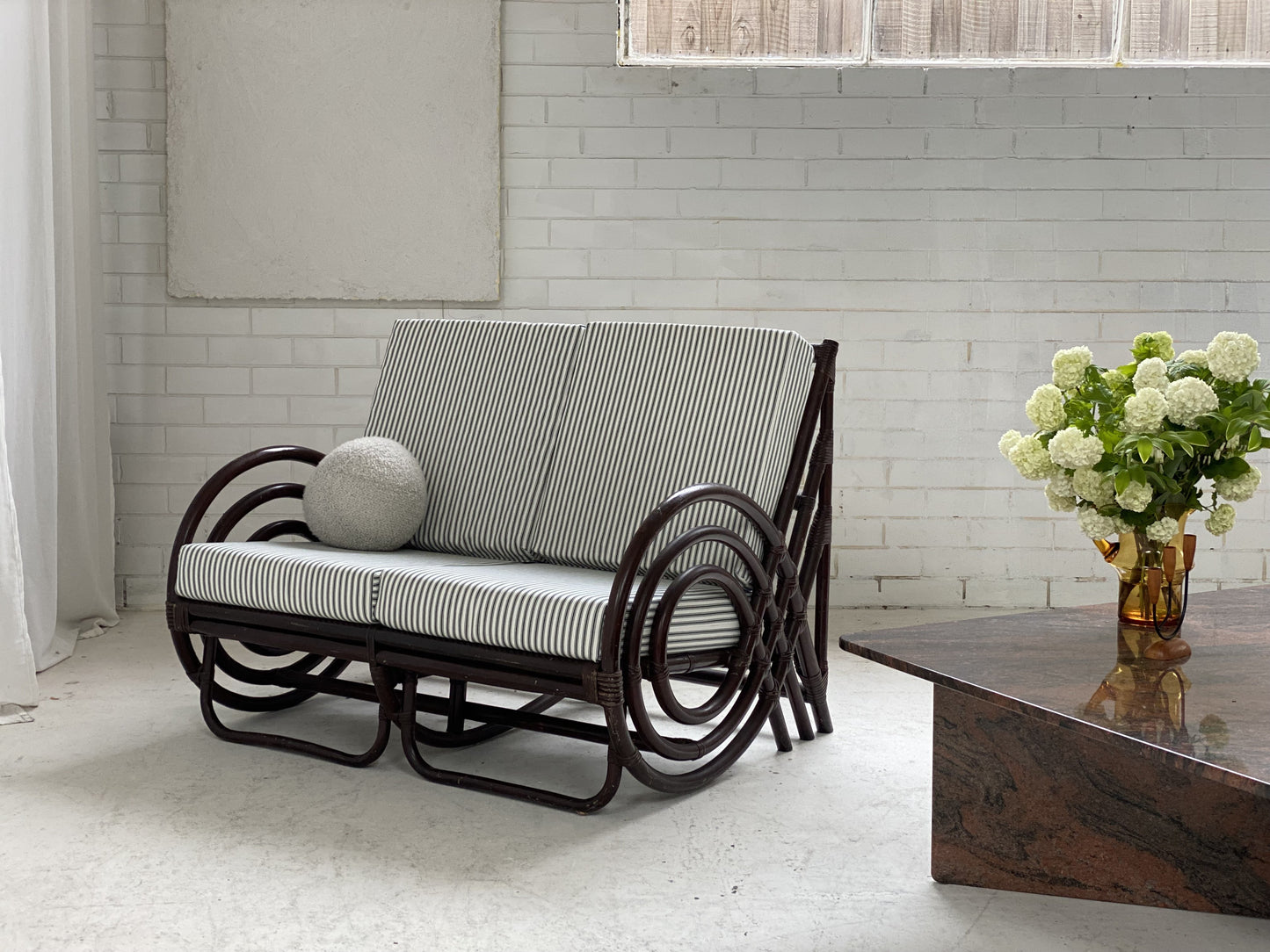 Vintage Dark Bamboo Armchair - Coffee Stripe