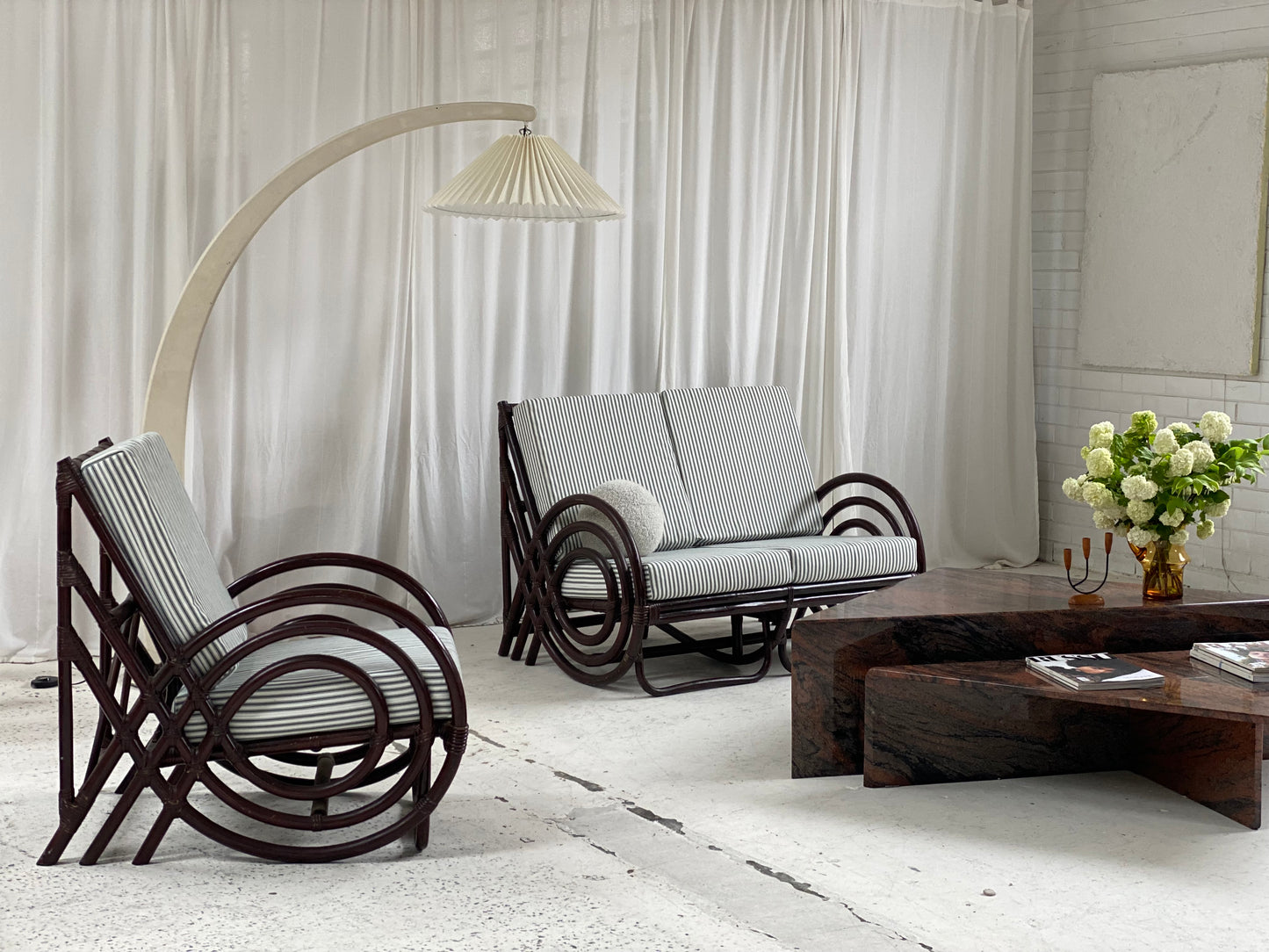 Vintage Dark Bamboo Armchair - Coffee Stripe