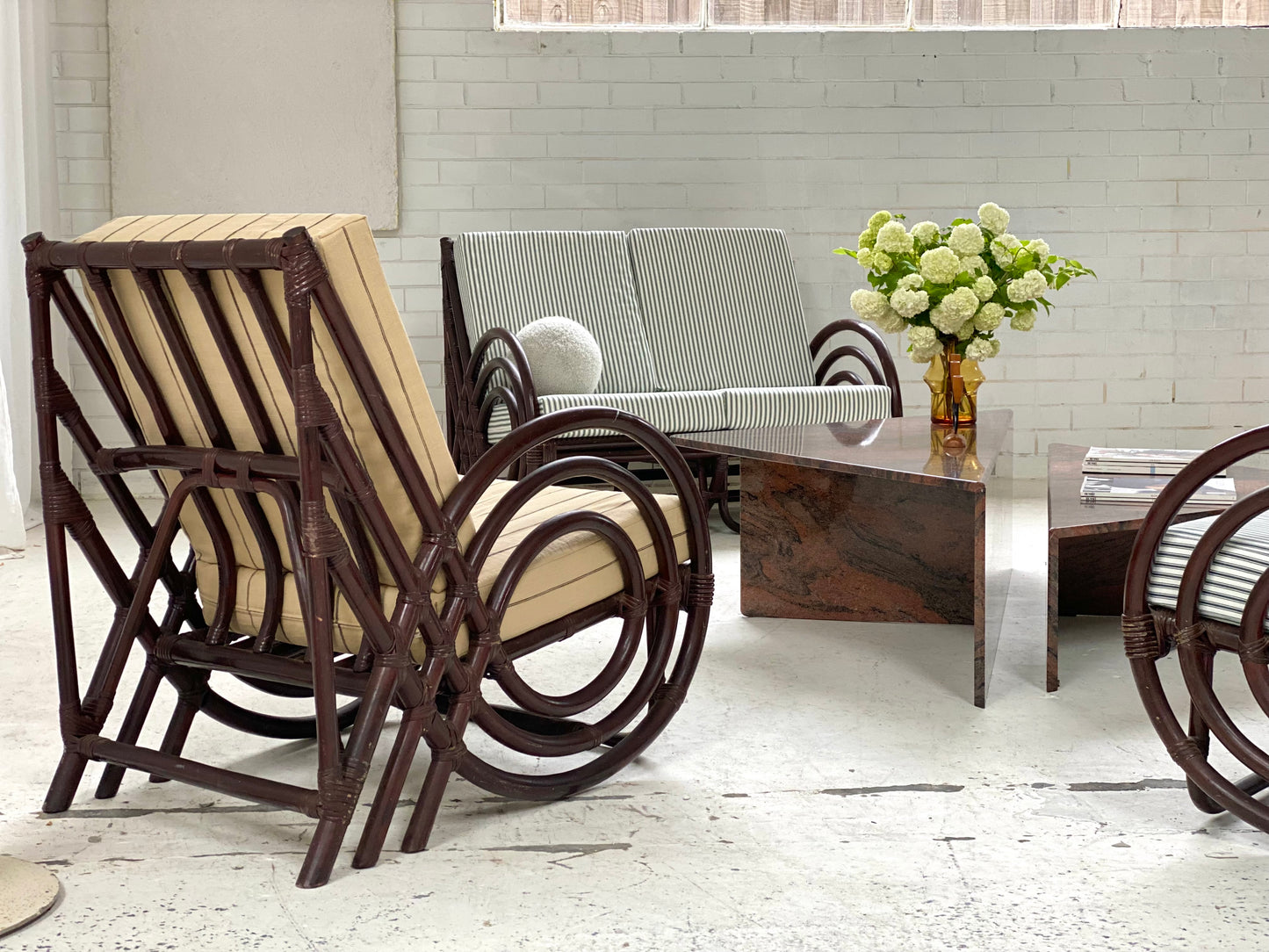 Vintage Dark Bamboo Armchair - Coffee Stripe