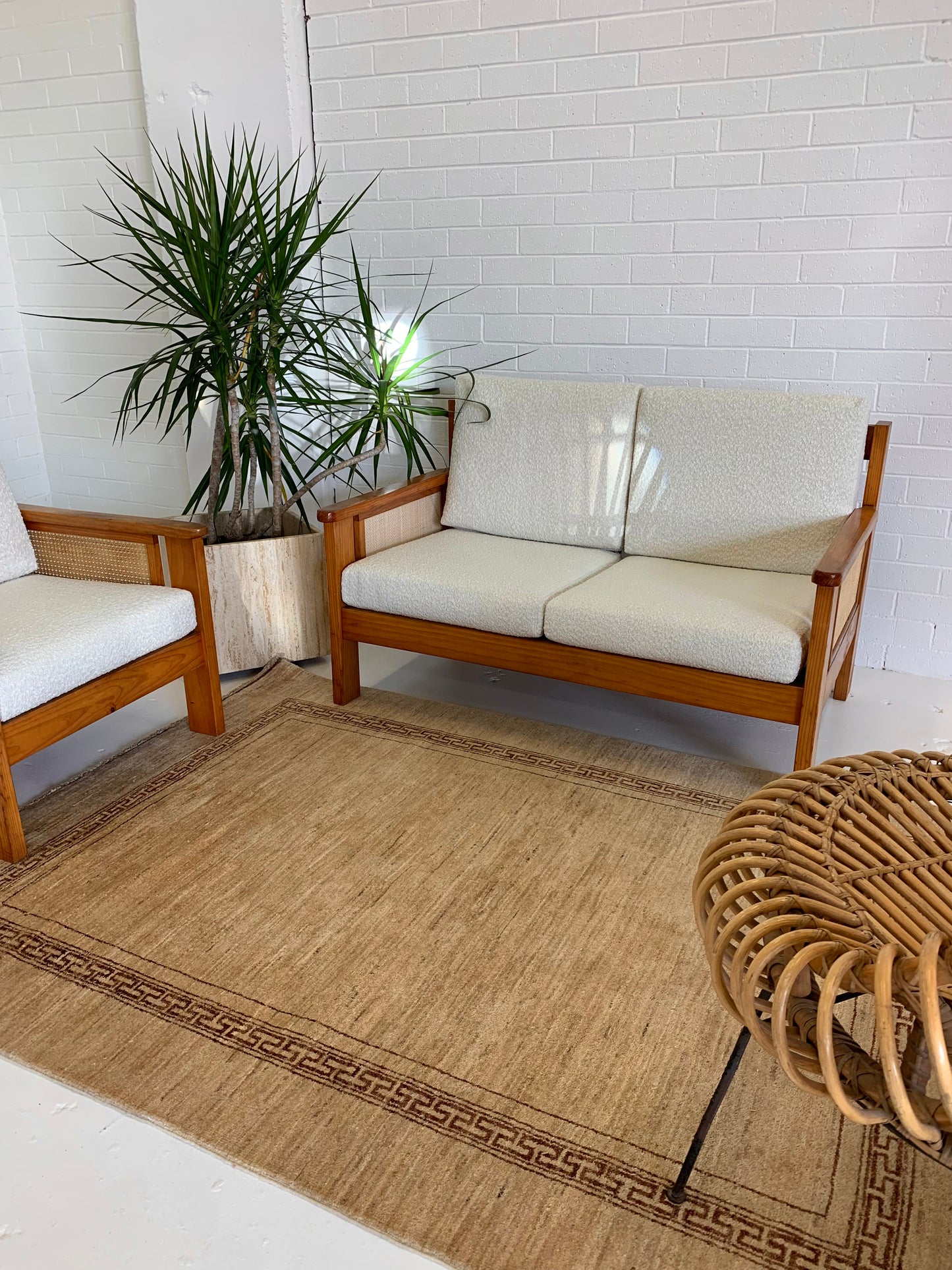 Pine and Rattan Boucle Two Seater Sofa