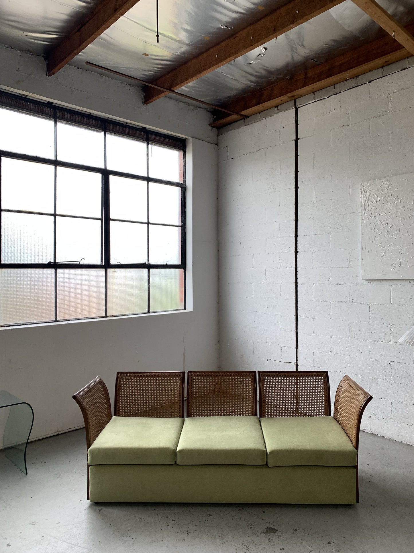 Refurbished Velvet & Rattan Sofa, Circa 1960-70