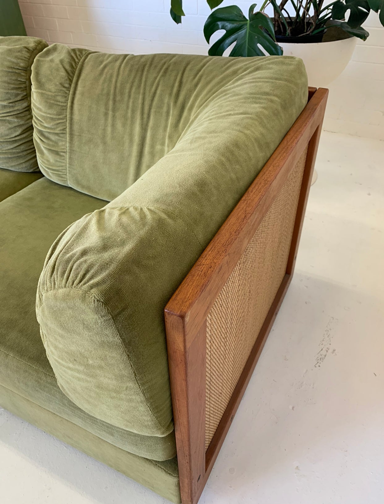 Vintage Parker Rattan and Velvet Modular Sofa