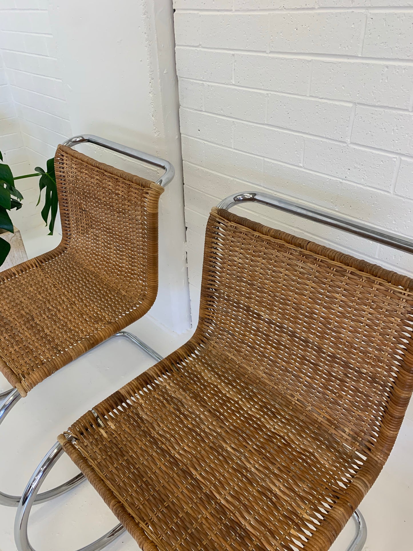 Vintage Cantilever Wicker and Chrome Dining Chairs